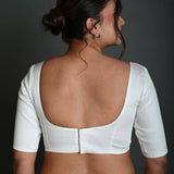 White Half Sleeve Blouse in Cotton with Square Neckline - Anvi Couture