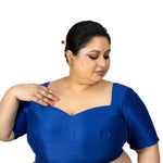 Blue Raw Silk Sweetheart Neckline Blouse with Elbow Sleeves 
- Image 2