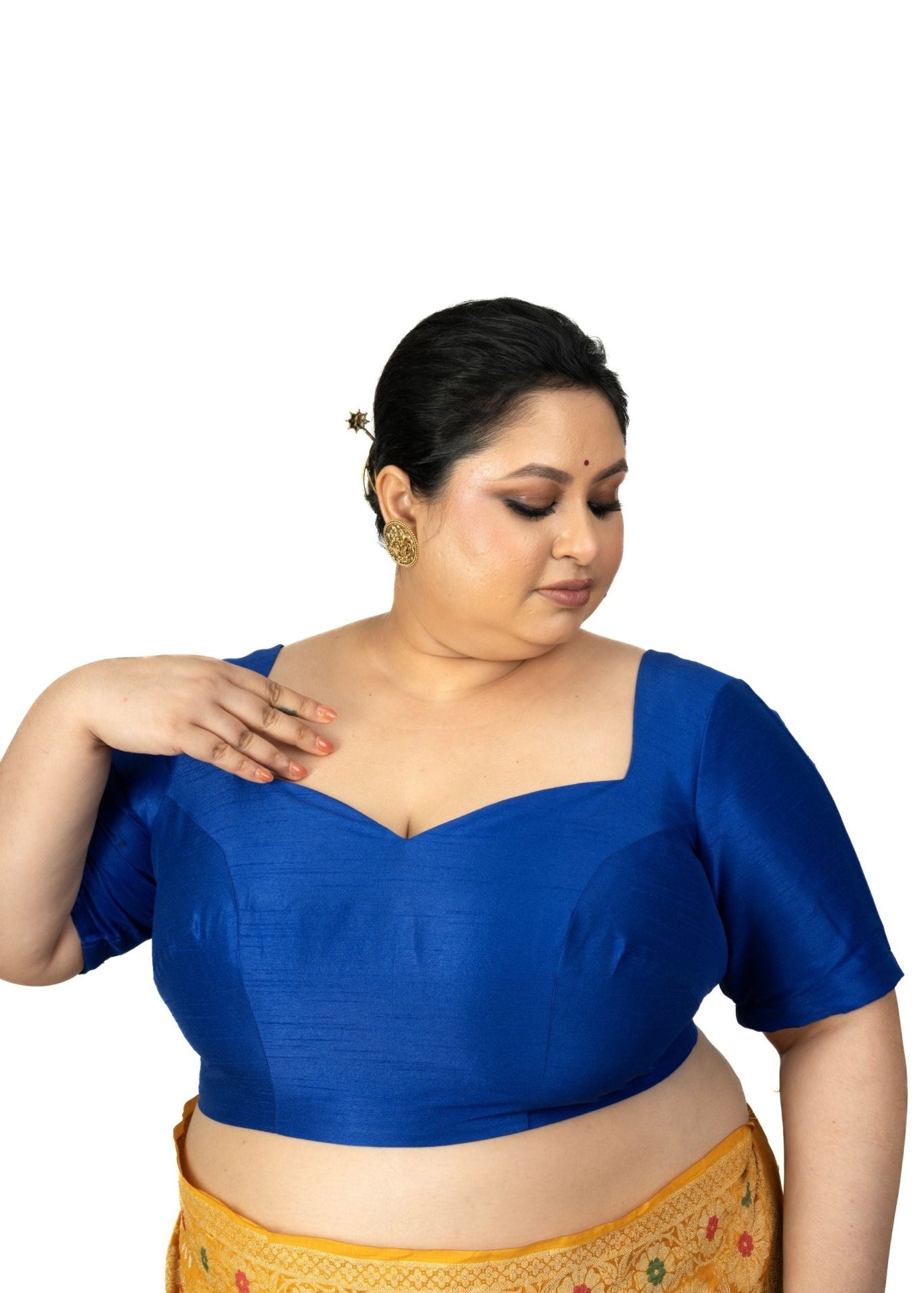 Blue Raw Silk Sweetheart Neckline Blouse with Elbow Sleeves - Anvi Couture