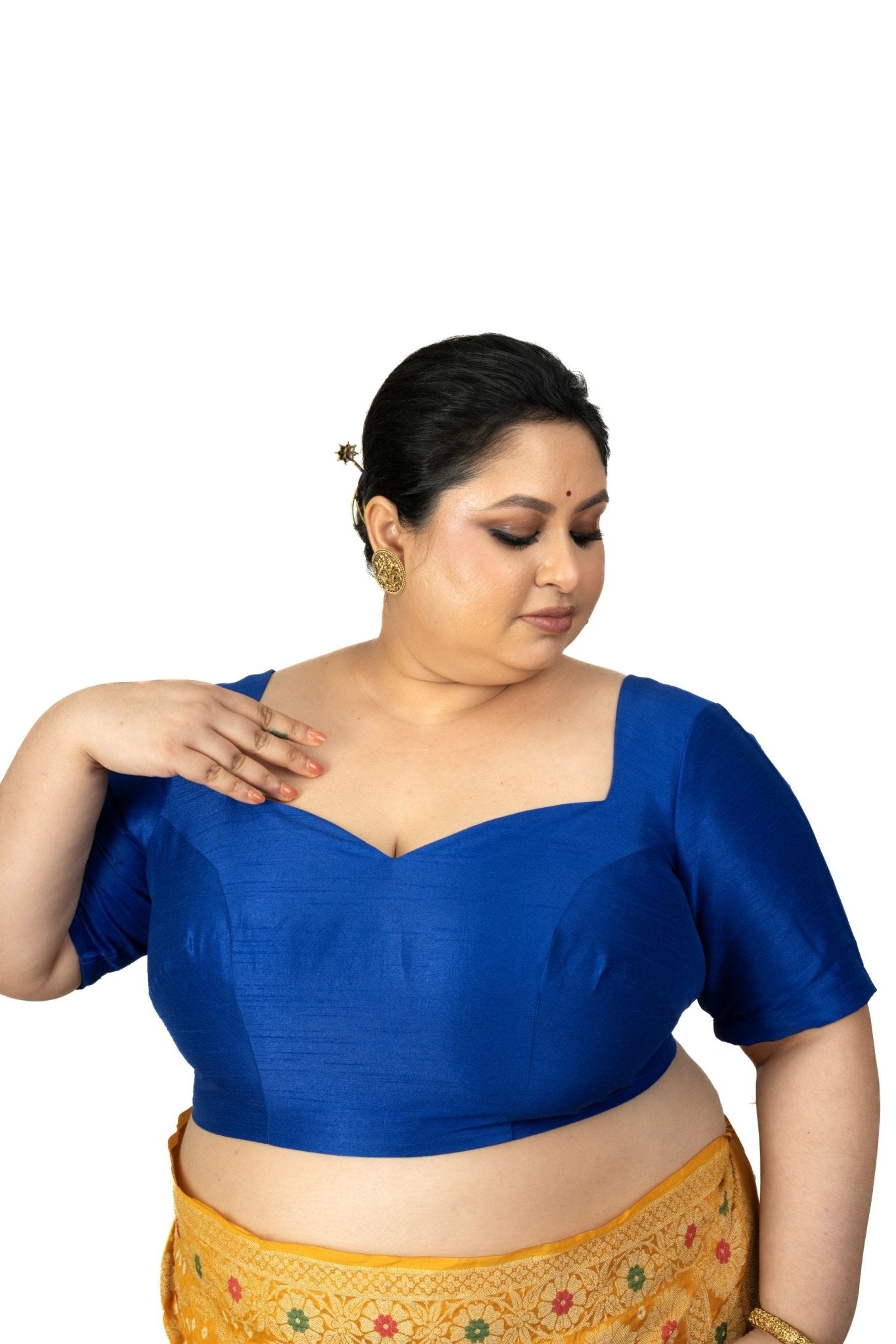 Blue Raw Silk Sweetheart Neckline Blouse with Elbow Sleeves - Anvi Couture