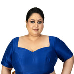 Blue Raw Silk Sweetheart Neckline Blouse with Elbow Sleeves 
- Image 1