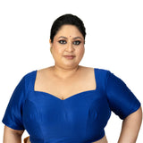 Blue Raw Silk Sweetheart Neckline Blouse with Elbow Sleeves 
- Image 1