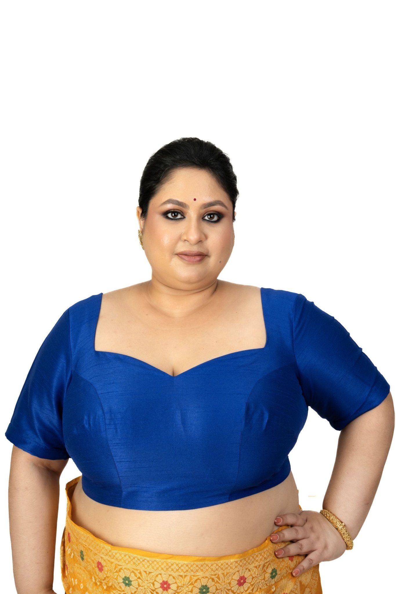 Blue Raw Silk Sweetheart Neckline Blouse with Elbow Sleeves - Anvi Couture