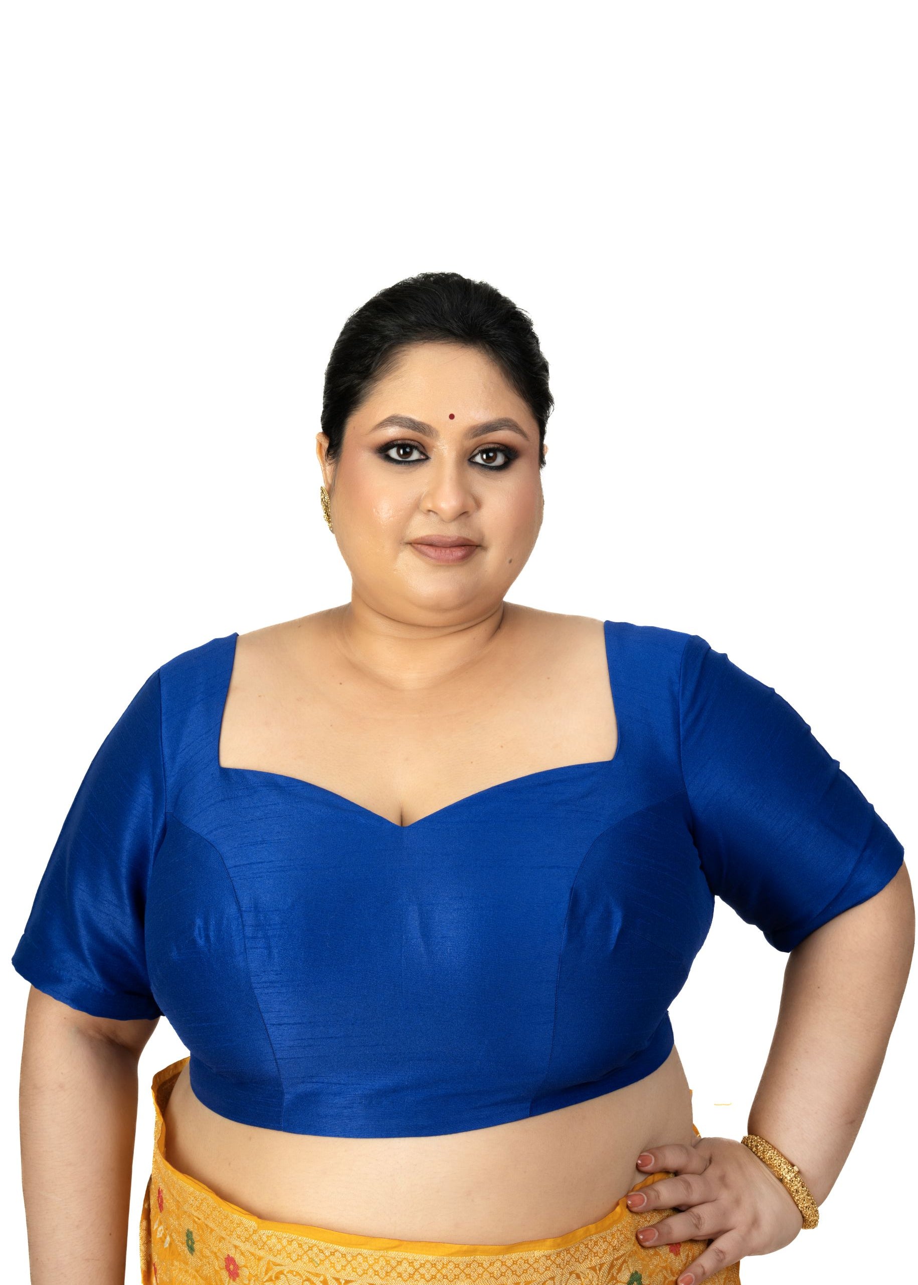 Blue Raw Silk Sweetheart Neckline Blouse with Elbow Sleeves 
- Image 1