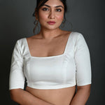 White Half Sleeve Blouse in Cotton with Square Neckline - Anvi Couture