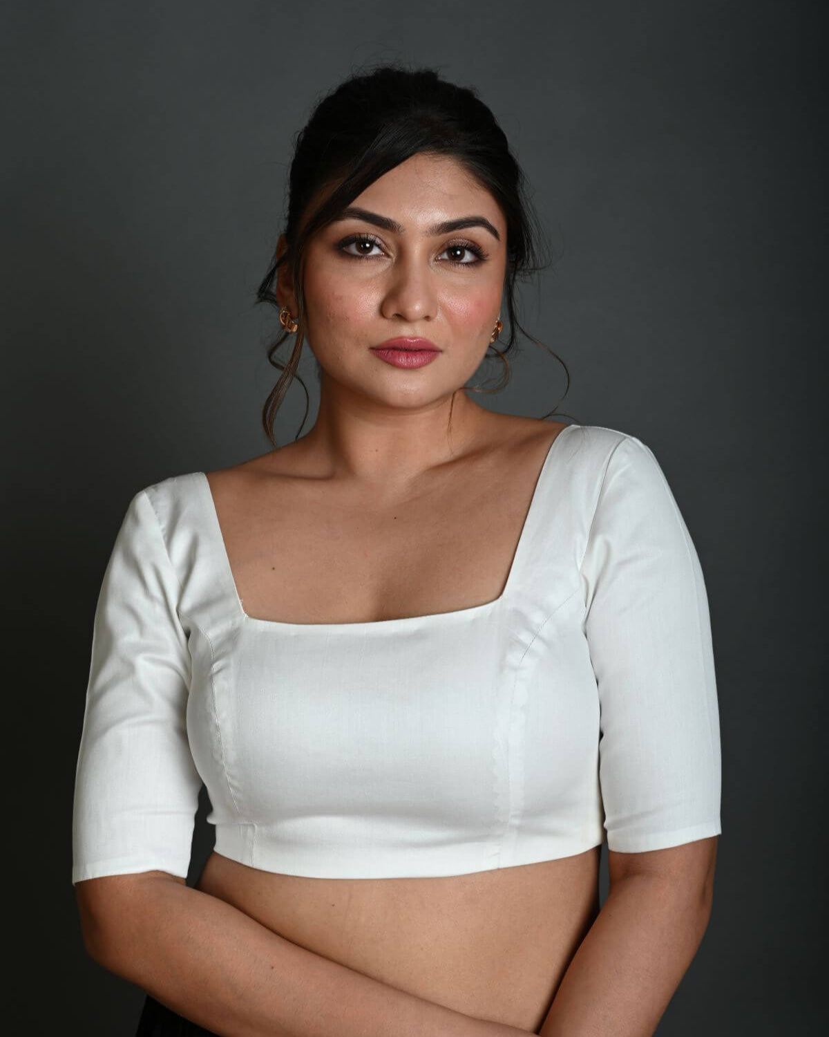 White Half Sleeve Blouse in Cotton with Square Neckline - Anvi Couture