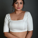 White Half Sleeve Blouse in Cotton with Square Neckline - Anvi Couture