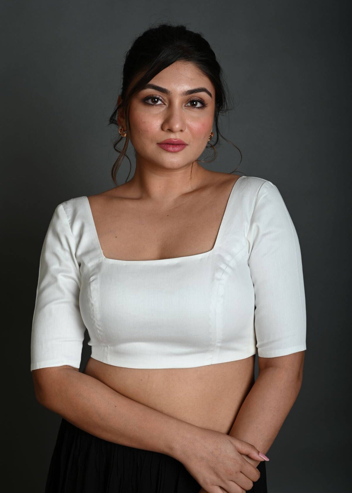 White Half Sleeve Blouse in Cotton with Square Neckline - Anvi Couture