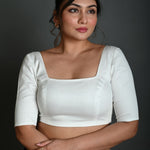 White Half Sleeve Blouse in Cotton with Square Neckline - Anvi Couture