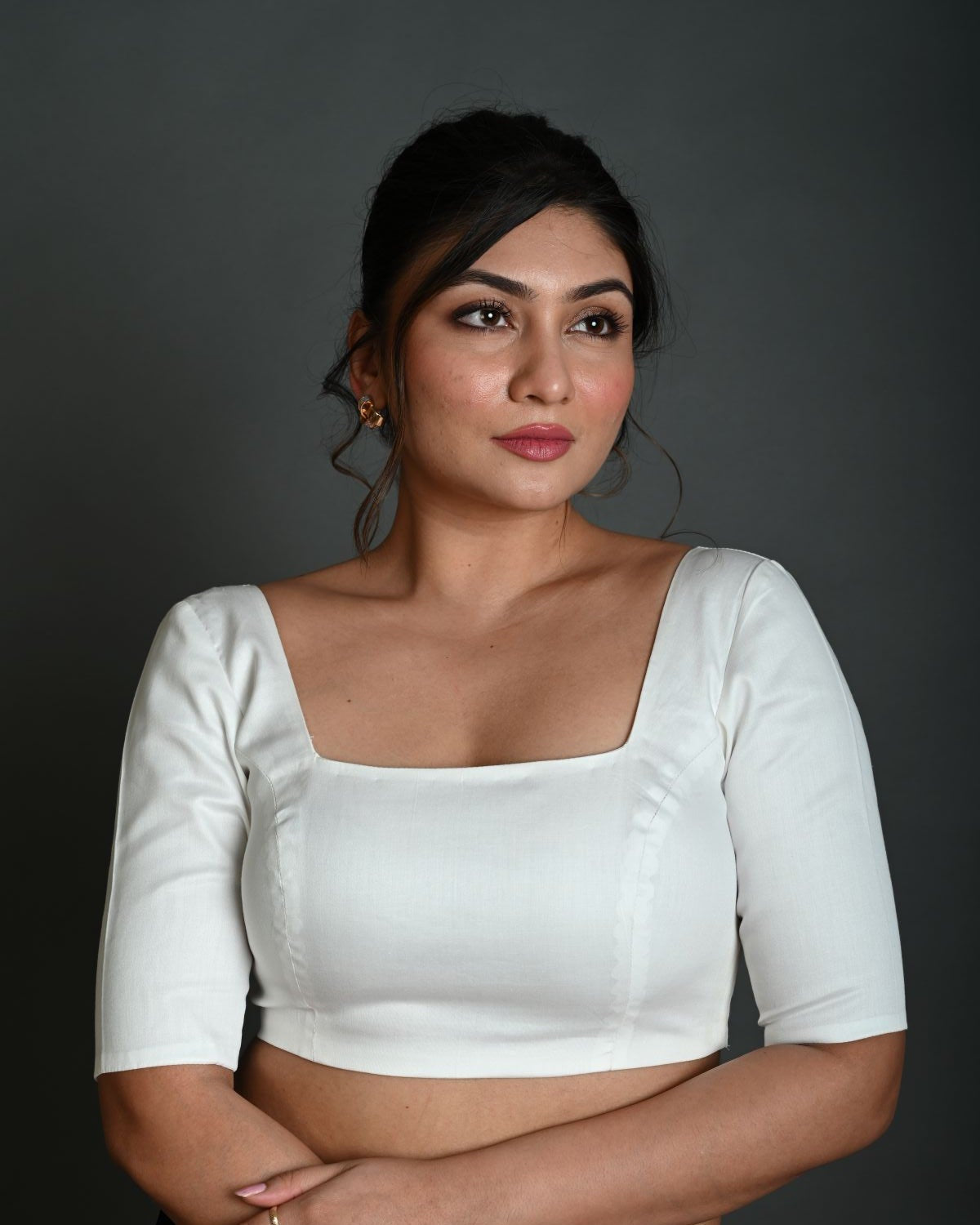 White Half Sleeve Blouse in Cotton with Square Neckline - Anvi Couture