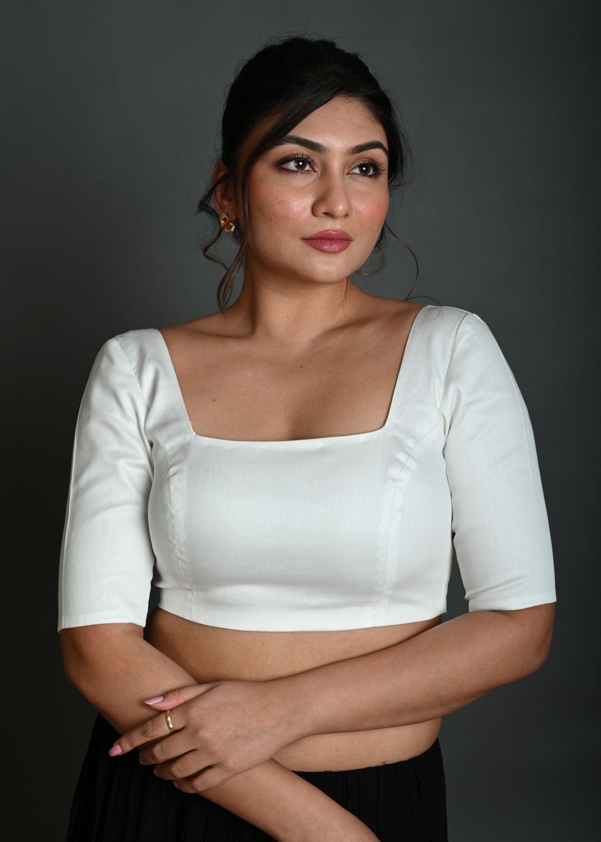 White Half Sleeve Blouse in Cotton with Square Neckline - Anvi Couture