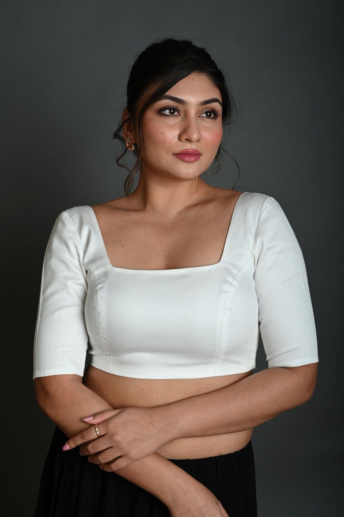 White Half Sleeve Blouse in Cotton with Square Neckline - Anvi Couture