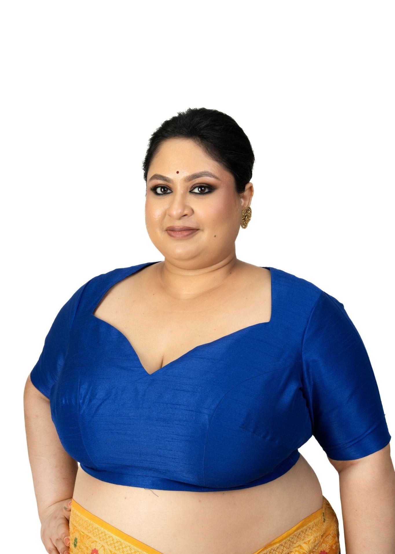 Blue Raw Silk Queen Anne Plus Size Saree Blouse - Anvi Couture
