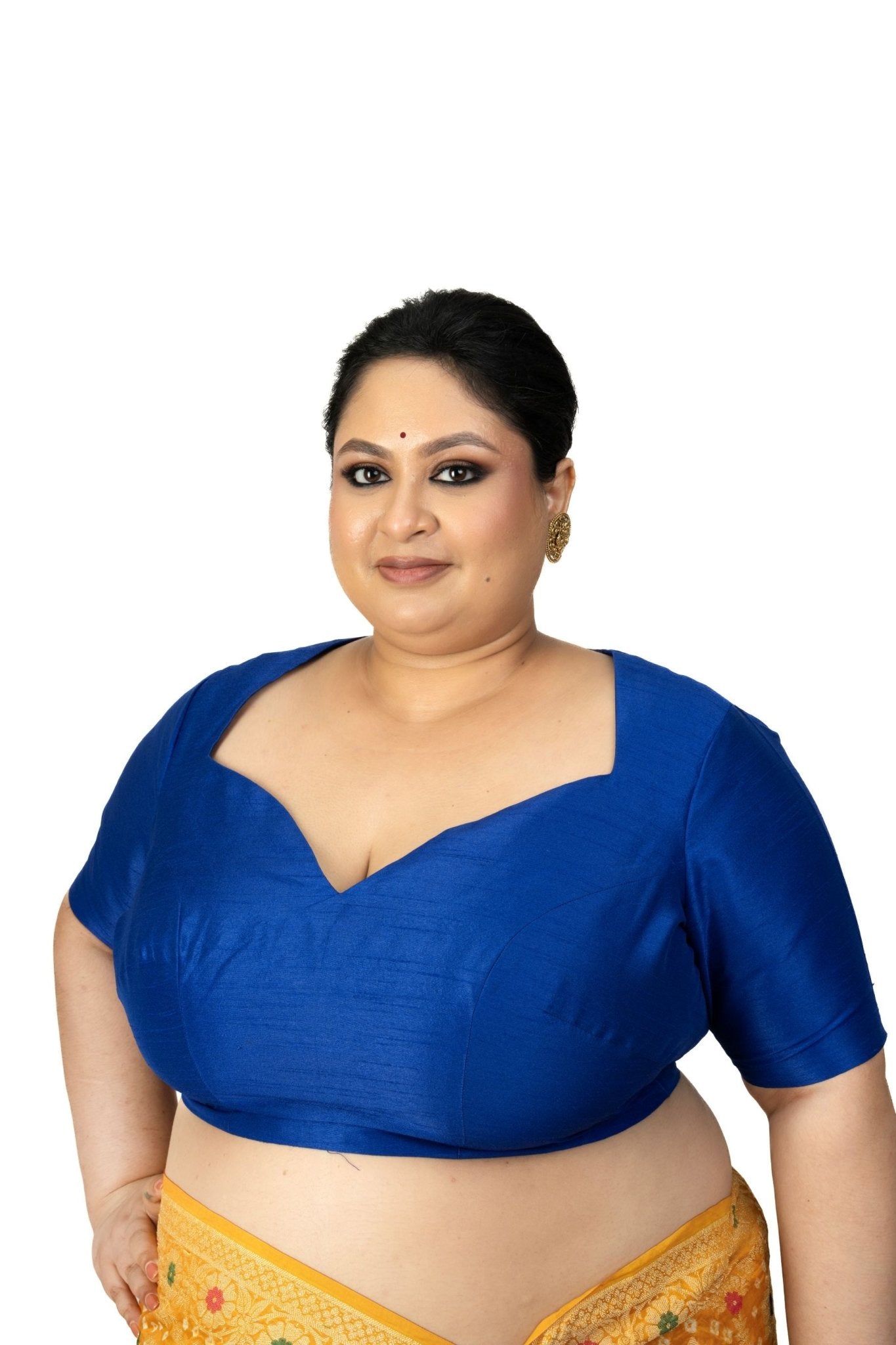 Blue Raw Silk Queen Anne Plus Size Saree Blouse - Anvi Couture