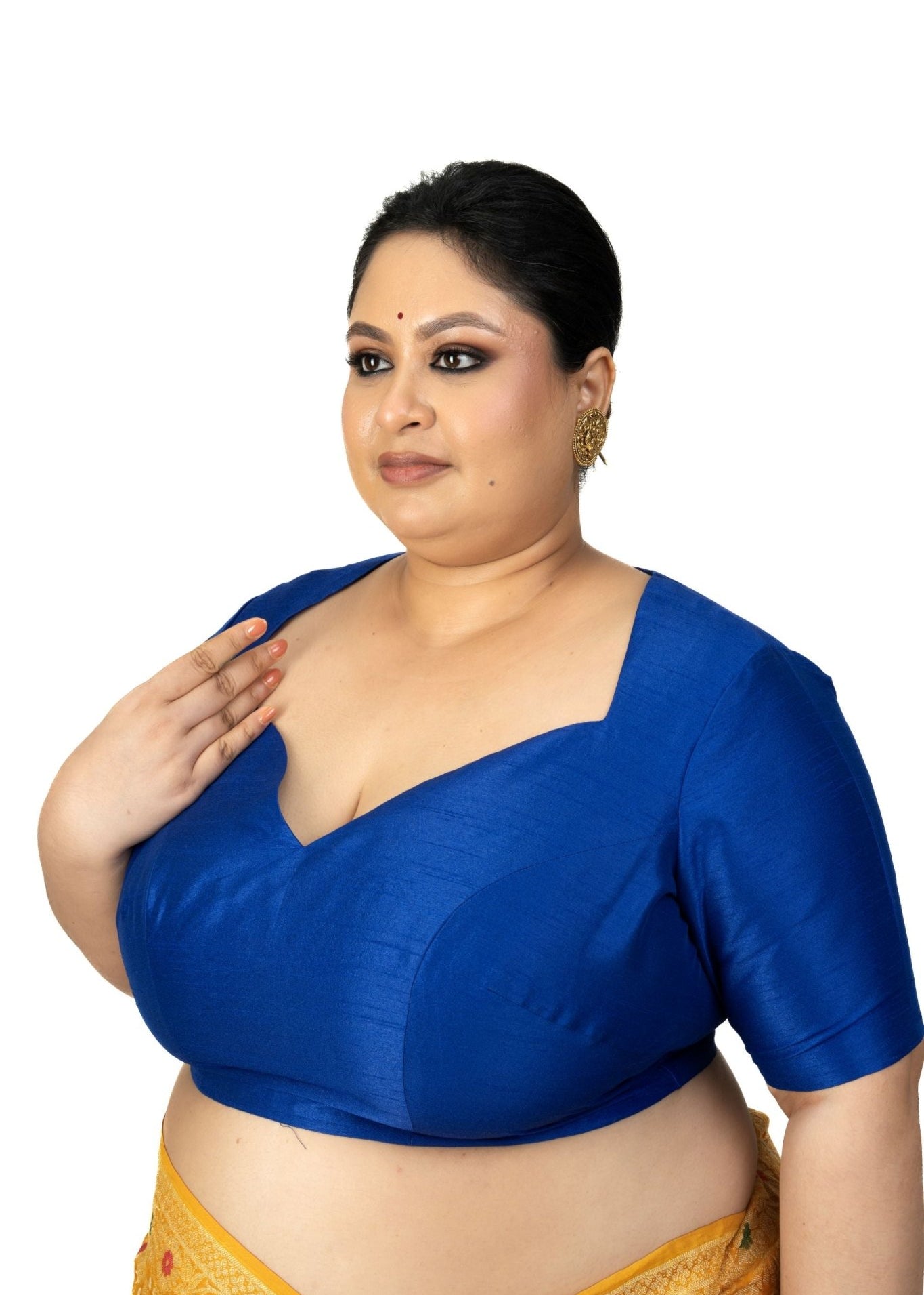 Blue Raw Silk Queen Anne Plus Size Saree Blouse - Anvi Couture