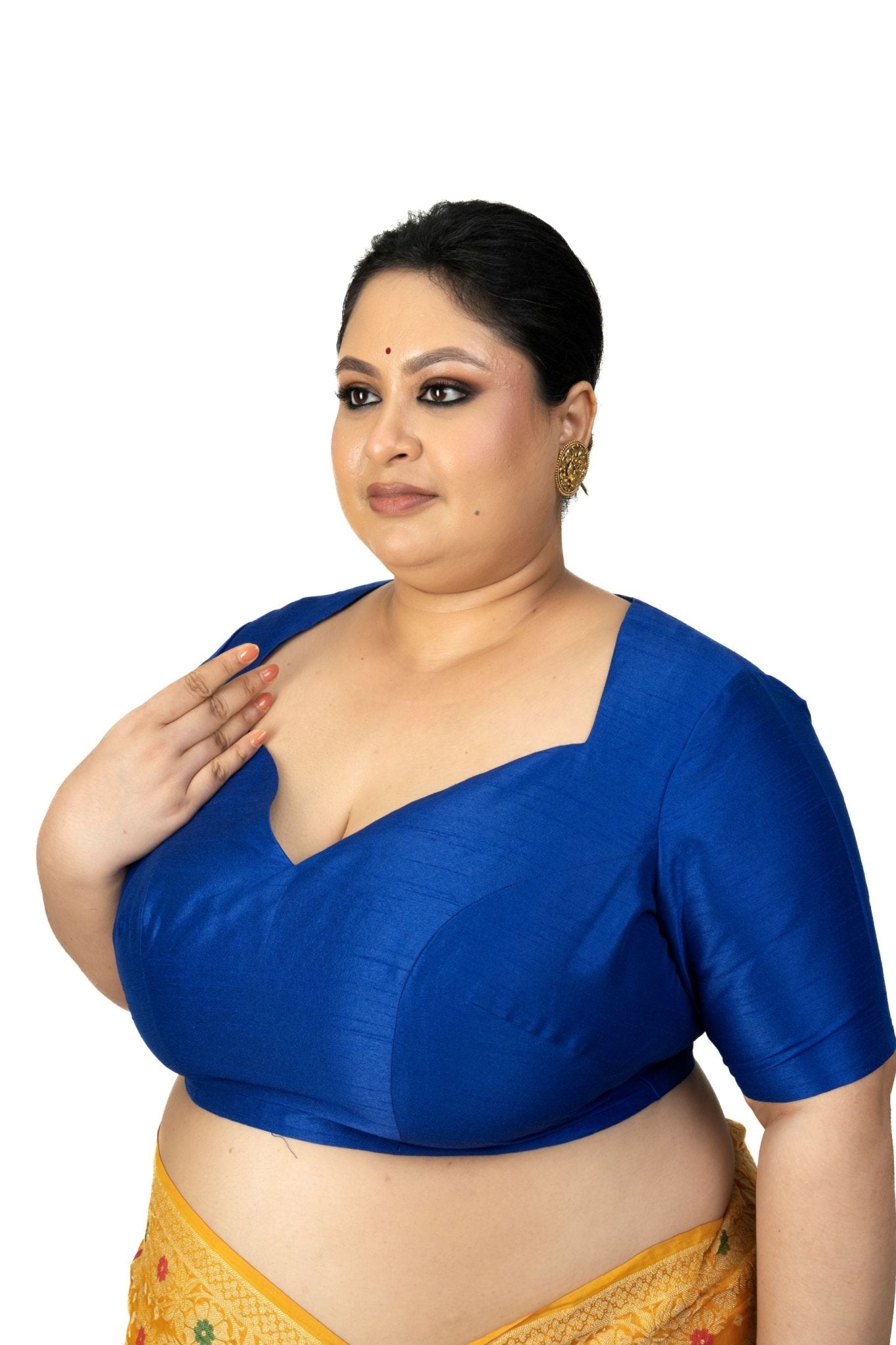 Blue Raw Silk Queen Anne Plus Size Saree Blouse - Anvi Couture