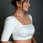 White Half Sleeve Blouse in Cotton with Square Neckline - Anvi Couture