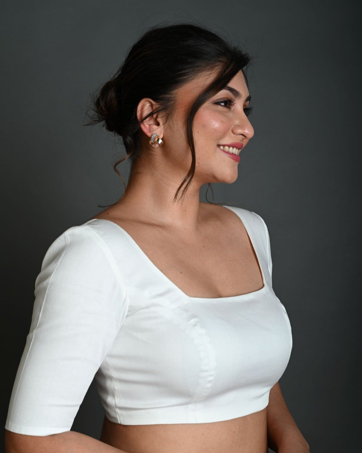 White Half Sleeve Blouse in Cotton with Square Neckline - Anvi Couture