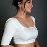 White Half Sleeve Blouse in Cotton with Square Neckline - Anvi Couture