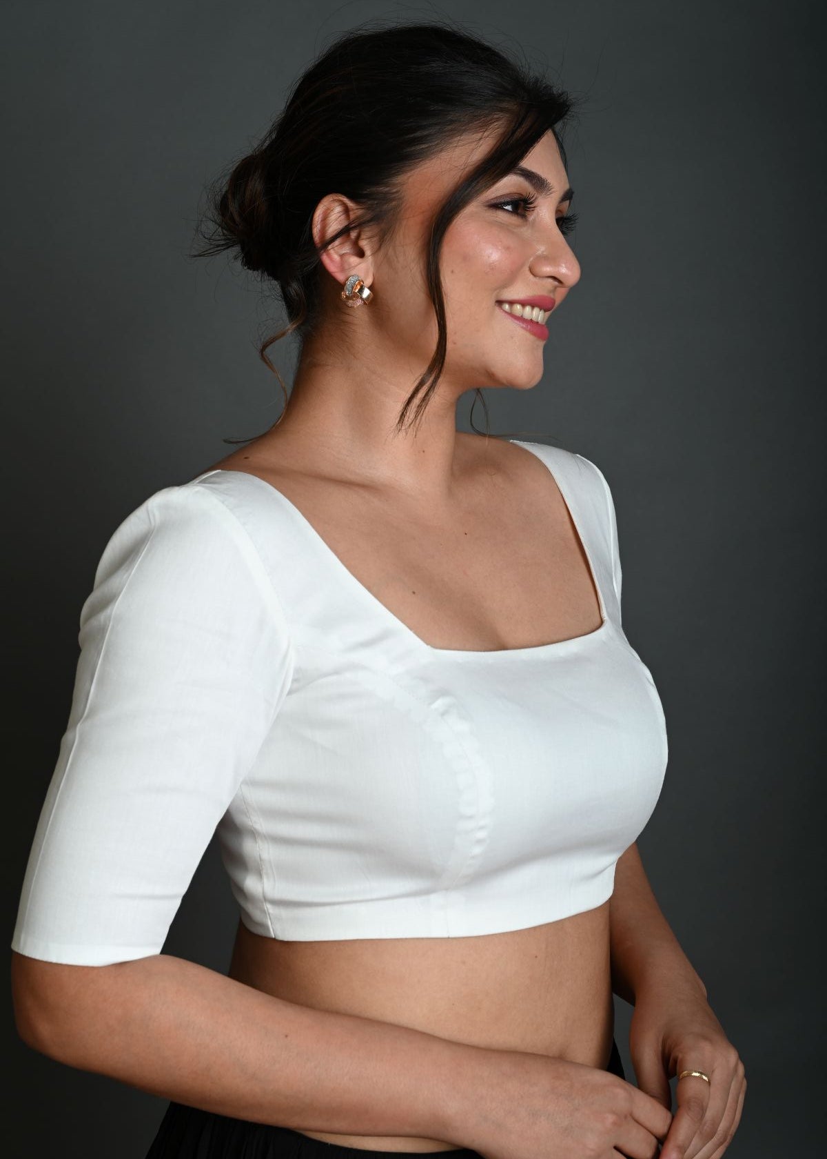 White Half Sleeve Blouse in Cotton with Square Neckline - Anvi Couture