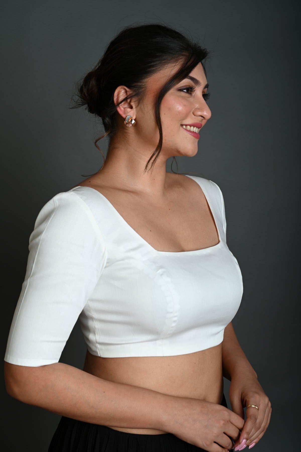 White Half Sleeve Blouse in Cotton with Square Neckline - Anvi Couture