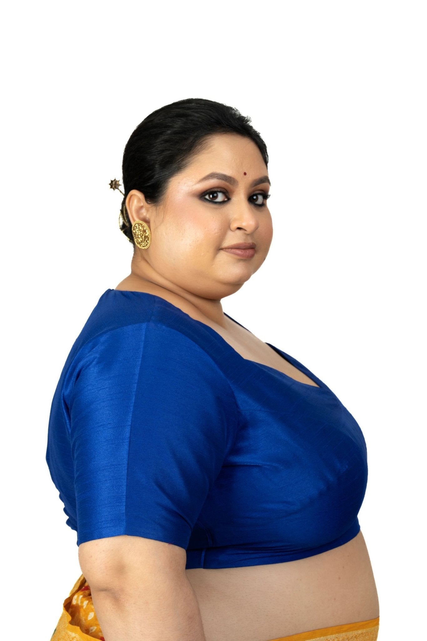 Blue Raw Silk Queen Anne Plus Size Saree Blouse - Anvi Couture