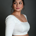 White Half Sleeve Blouse in Cotton with Square Neckline - Anvi Couture