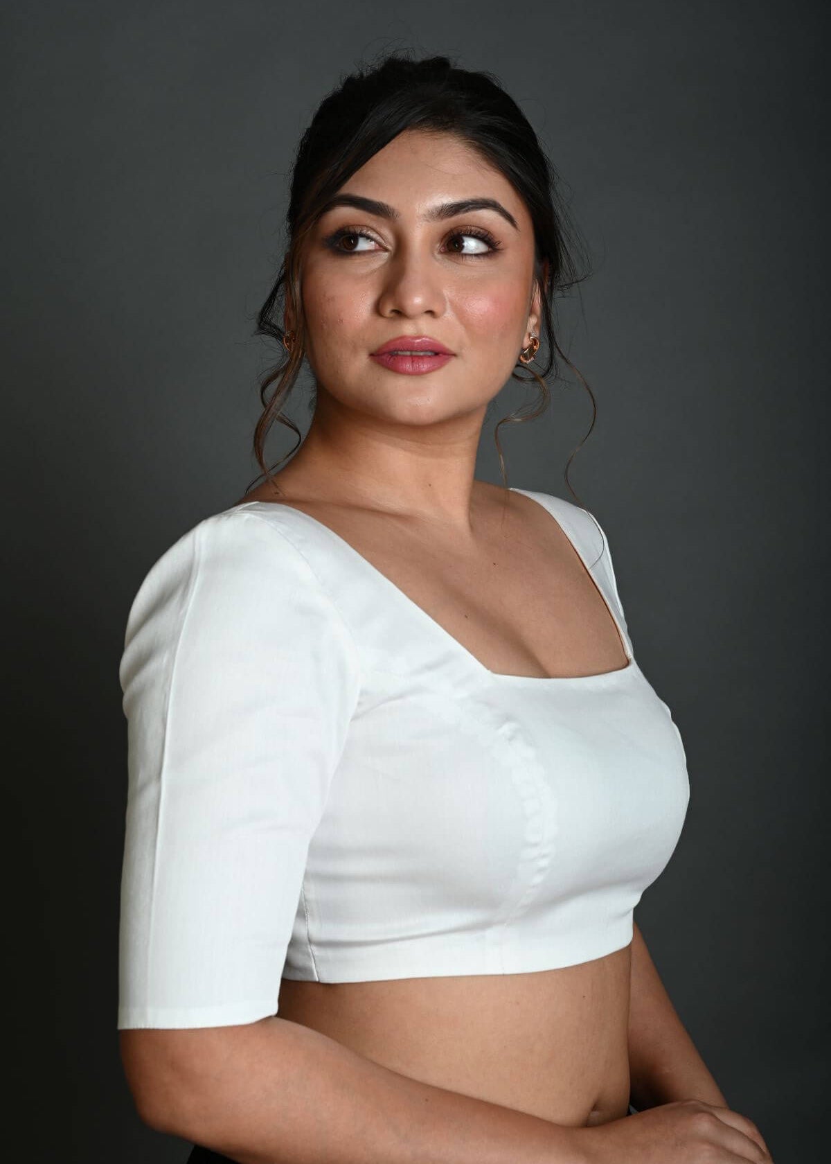 White Half Sleeve Blouse in Cotton with Square Neckline - Anvi Couture