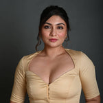 Cream Half Sleeve Blouse in Cotton with Sweetheart Neckline - Anvi Couture