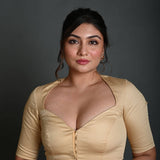 Cream Half Sleeve Blouse in Cotton with Sweetheart Neckline - Anvi Couture