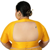 Yellow Round Neck Raw Silk Plus Size Saree Blouse with Elbow Sleeves - Anvi Couture