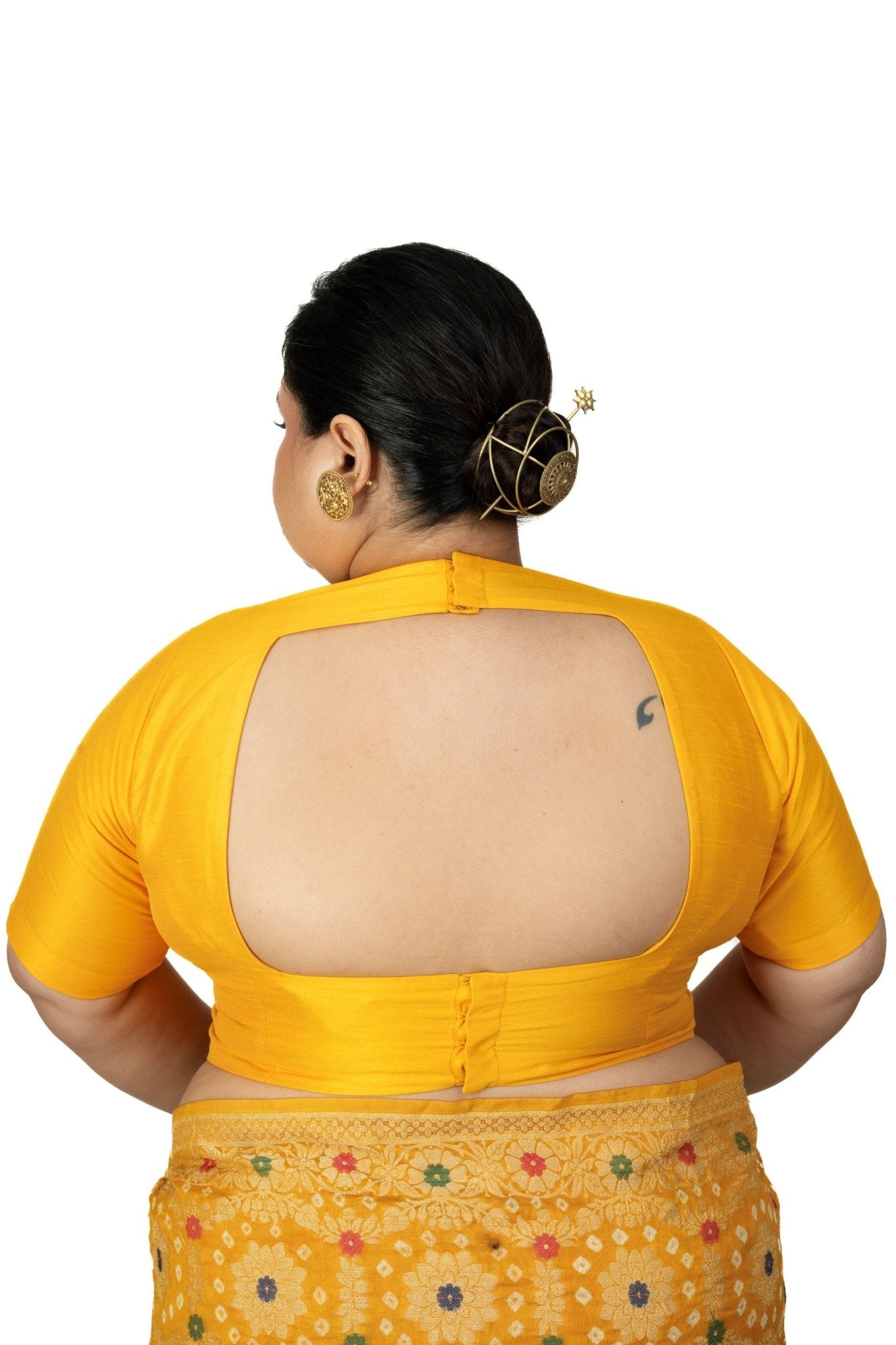Yellow Round Neck Raw Silk Plus Size Saree Blouse with Elbow Sleeves - Anvi Couture