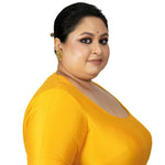 Yellow Round Neck Raw Silk Plus Size Saree Blouse with Elbow Sleeves - Anvi Couture