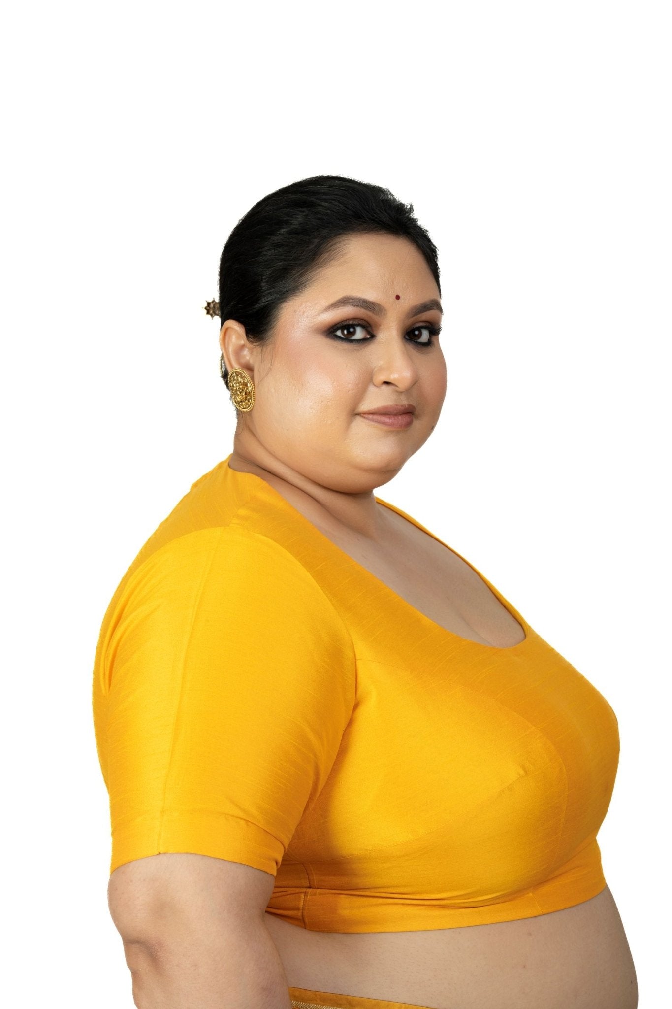 Yellow Round Neck Raw Silk Plus Size Saree Blouse with Elbow Sleeves - Anvi Couture