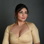 Cream Half Sleeve Blouse in Cotton with Sweetheart Neckline - Anvi Couture