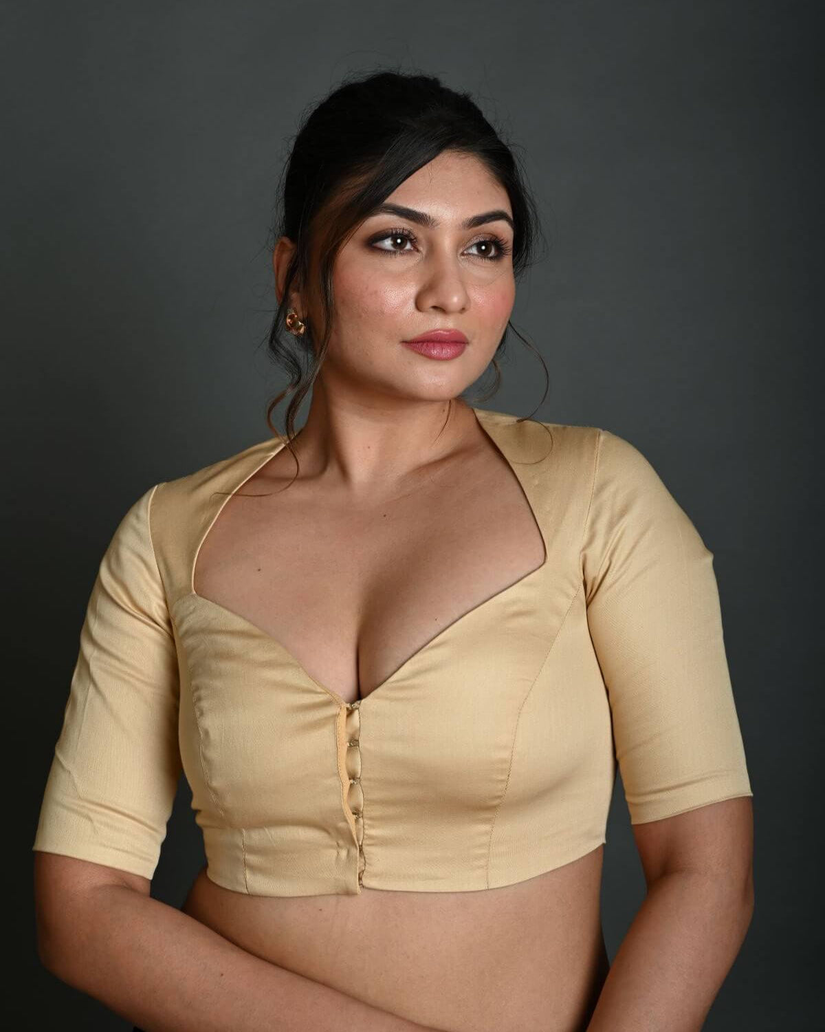 Cream Half Sleeve Blouse in Cotton with Sweetheart Neckline - Anvi Couture