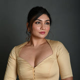 Cream Half Sleeve Blouse in Cotton with Sweetheart Neckline - Anvi Couture