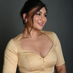 Cream Half Sleeve Blouse in Cotton with Sweetheart Neckline - Anvi Couture