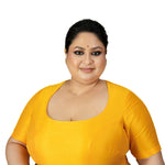 Yellow Round Neck Raw Silk Plus Size Saree Blouse with Elbow Sleeves - Anvi Couture