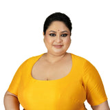 Yellow Round Neck Raw Silk Plus Size Saree Blouse with Elbow Sleeves - Anvi Couture
