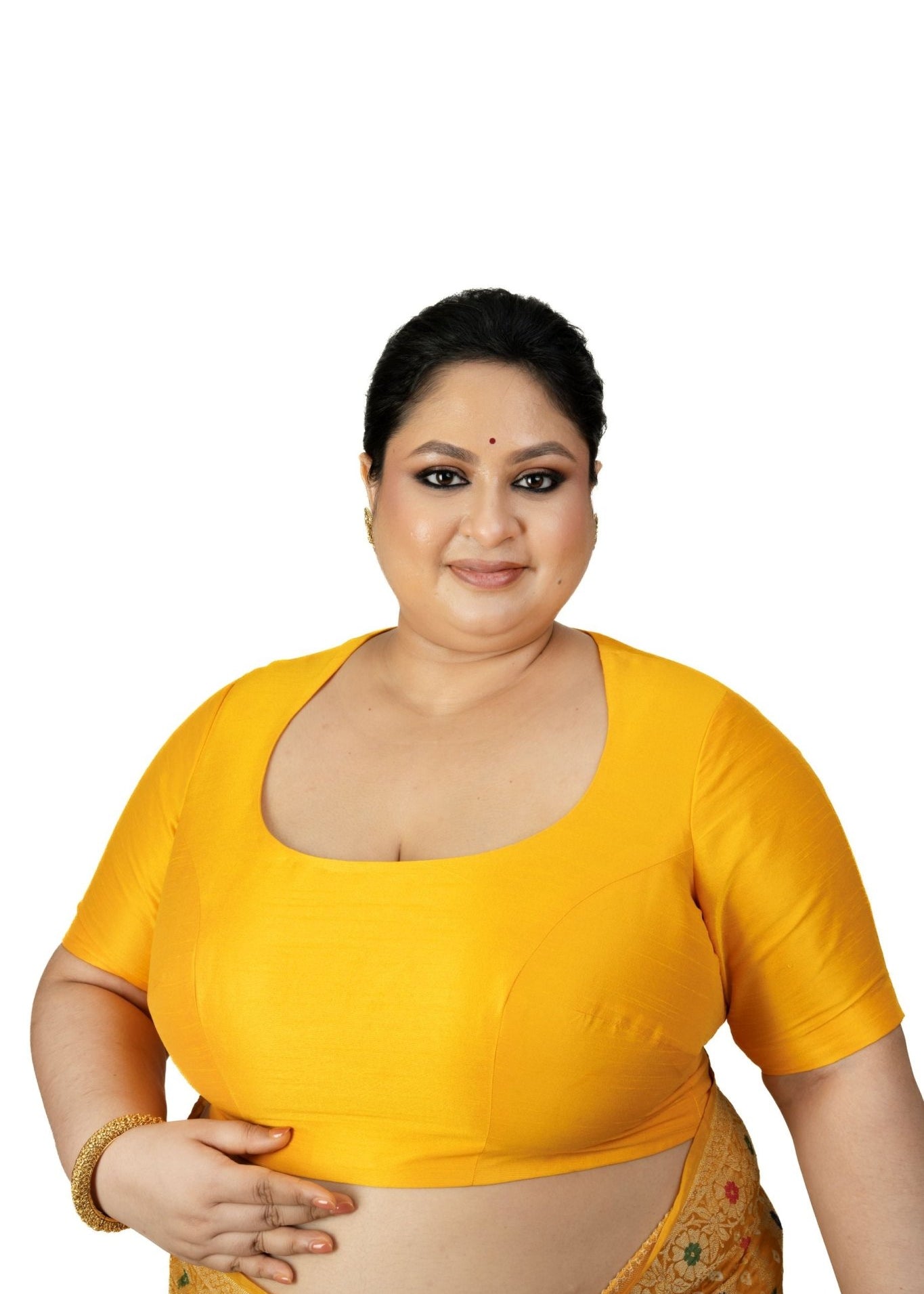 Yellow Round Neck Raw Silk Plus Size Saree Blouse with Elbow Sleeves - Anvi Couture