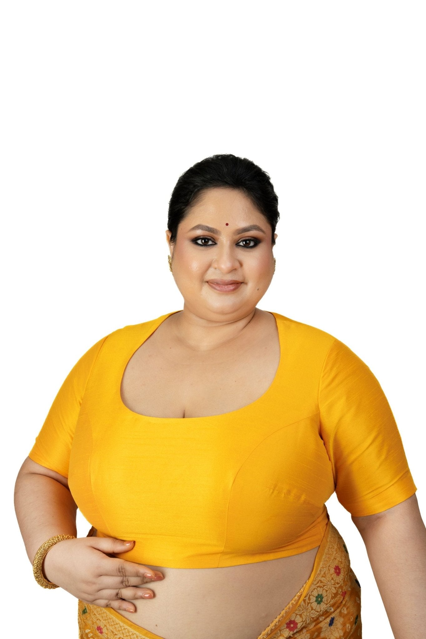 Yellow Round Neck Raw Silk Plus Size Saree Blouse with Elbow Sleeves - Anvi Couture