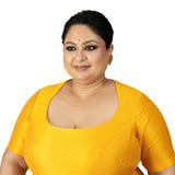 Yellow Round Neck Raw Silk Plus Size Saree Blouse with Elbow Sleeves - Anvi Couture