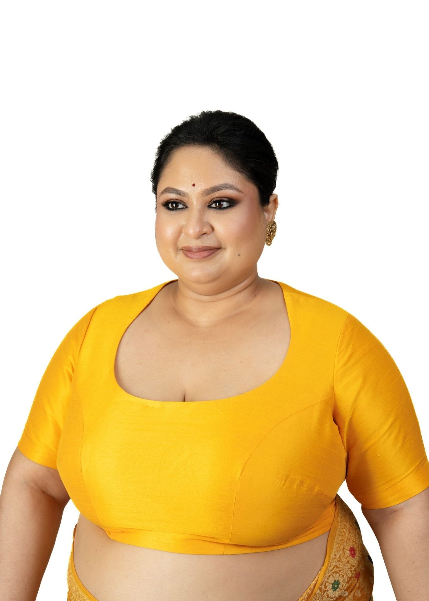 Yellow Round Neck Raw Silk Plus Size Saree Blouse with Elbow Sleeves - Anvi Couture