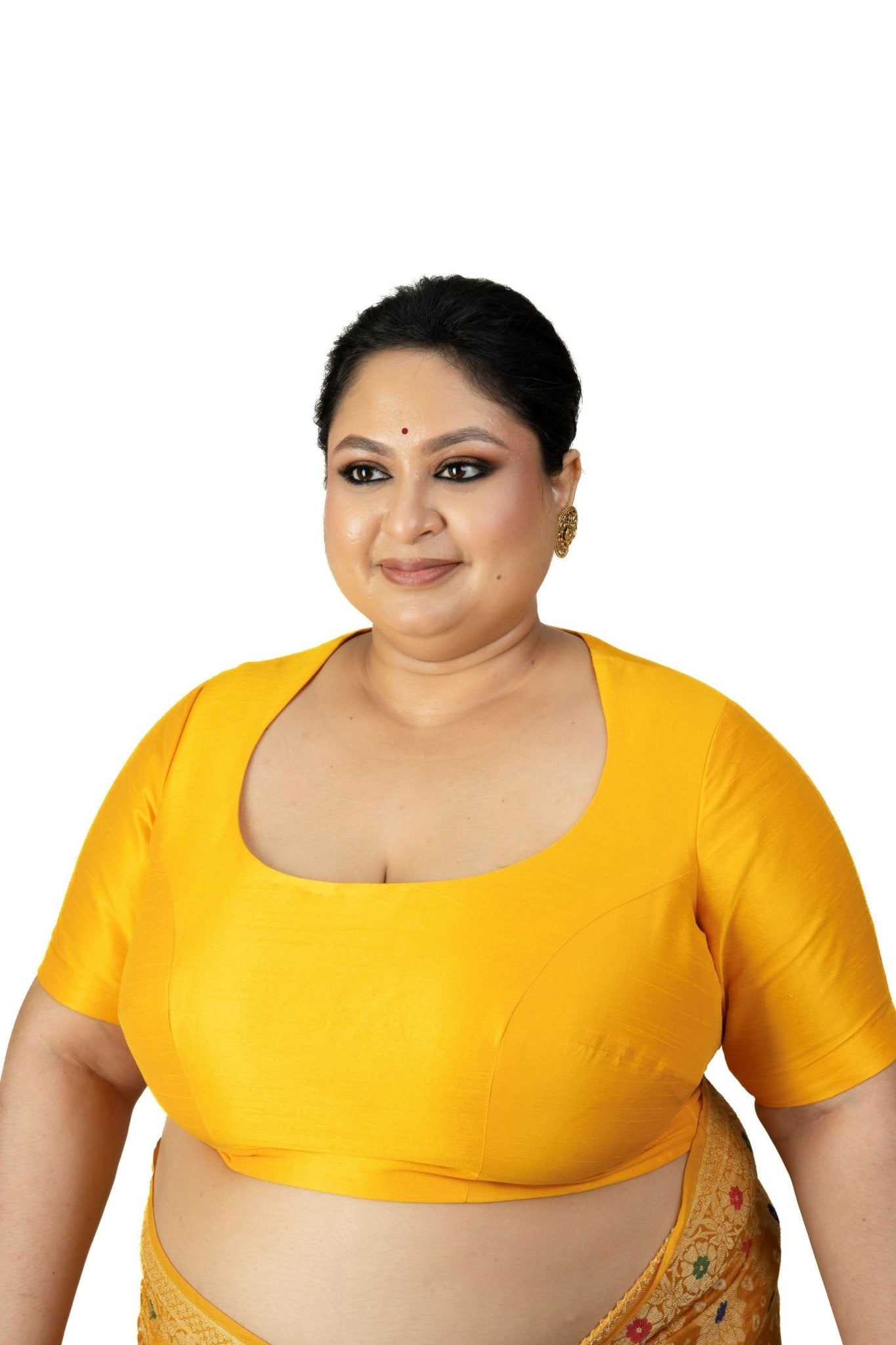 Yellow Round Neck Raw Silk Plus Size Saree Blouse with Elbow Sleeves - Anvi Couture