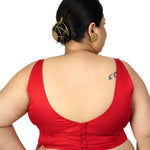 Red Square Neck Sleeveless Cotton Silk Blouse with Back Cutout - Anvi Couture