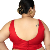 Red Square Neck Sleeveless Cotton Silk Blouse with Back Cutout - Anvi Couture