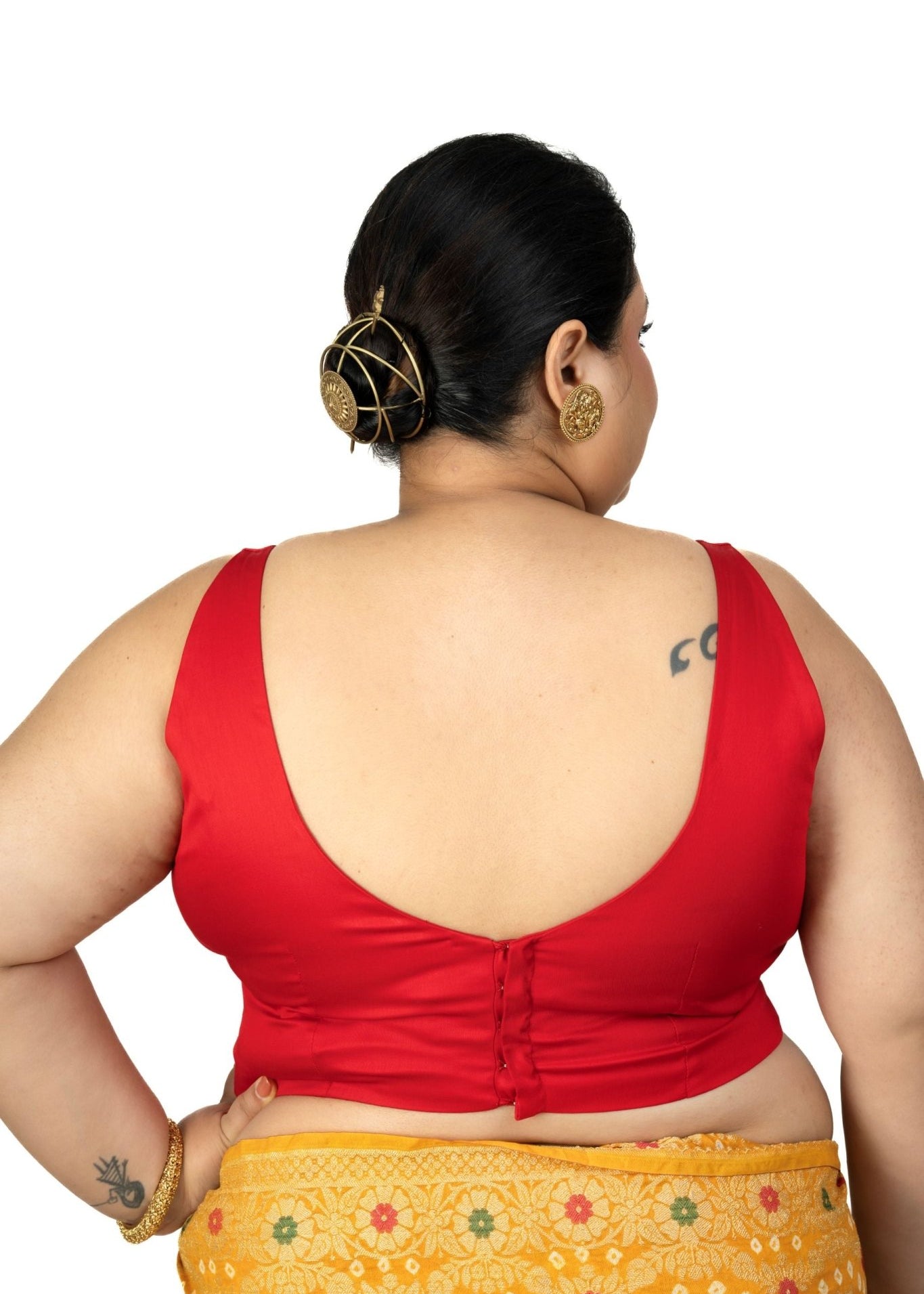 Red Square Neck Sleeveless Cotton Silk Blouse with Back Cutout - Anvi Couture