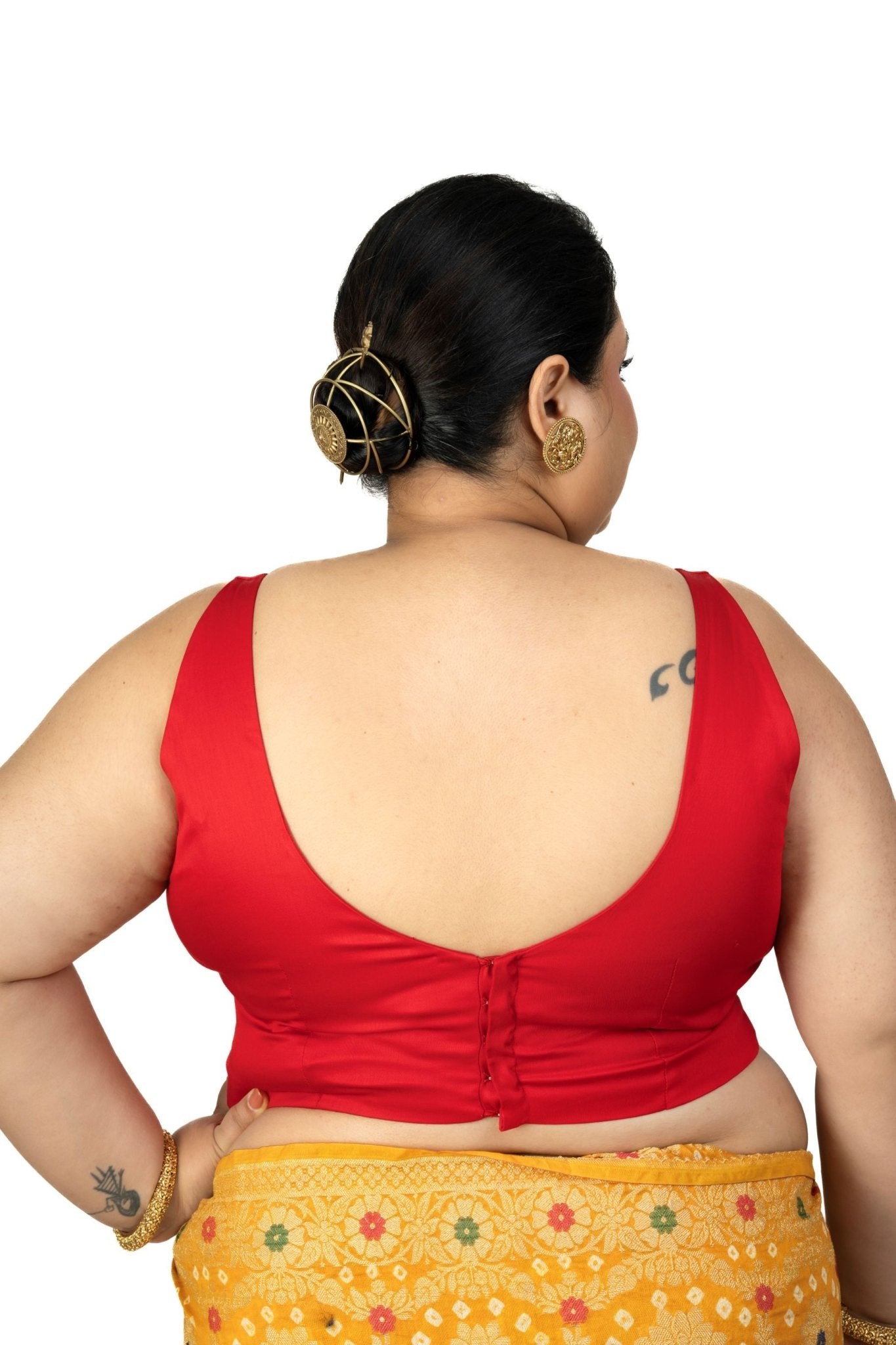 Red Square Neck Sleeveless Cotton Silk Blouse with Back Cutout - Anvi Couture