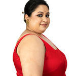 Red Square Neck Sleeveless Cotton Silk Blouse with Back Cutout - Anvi Couture